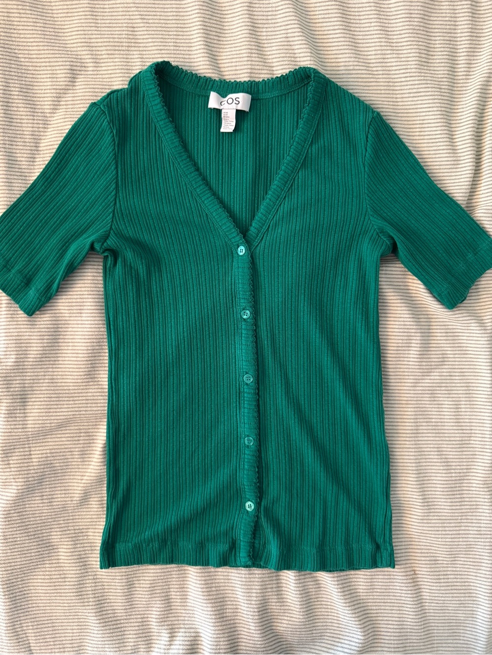 COS Emerald Green Ribbed V-Neck Button-Up Top